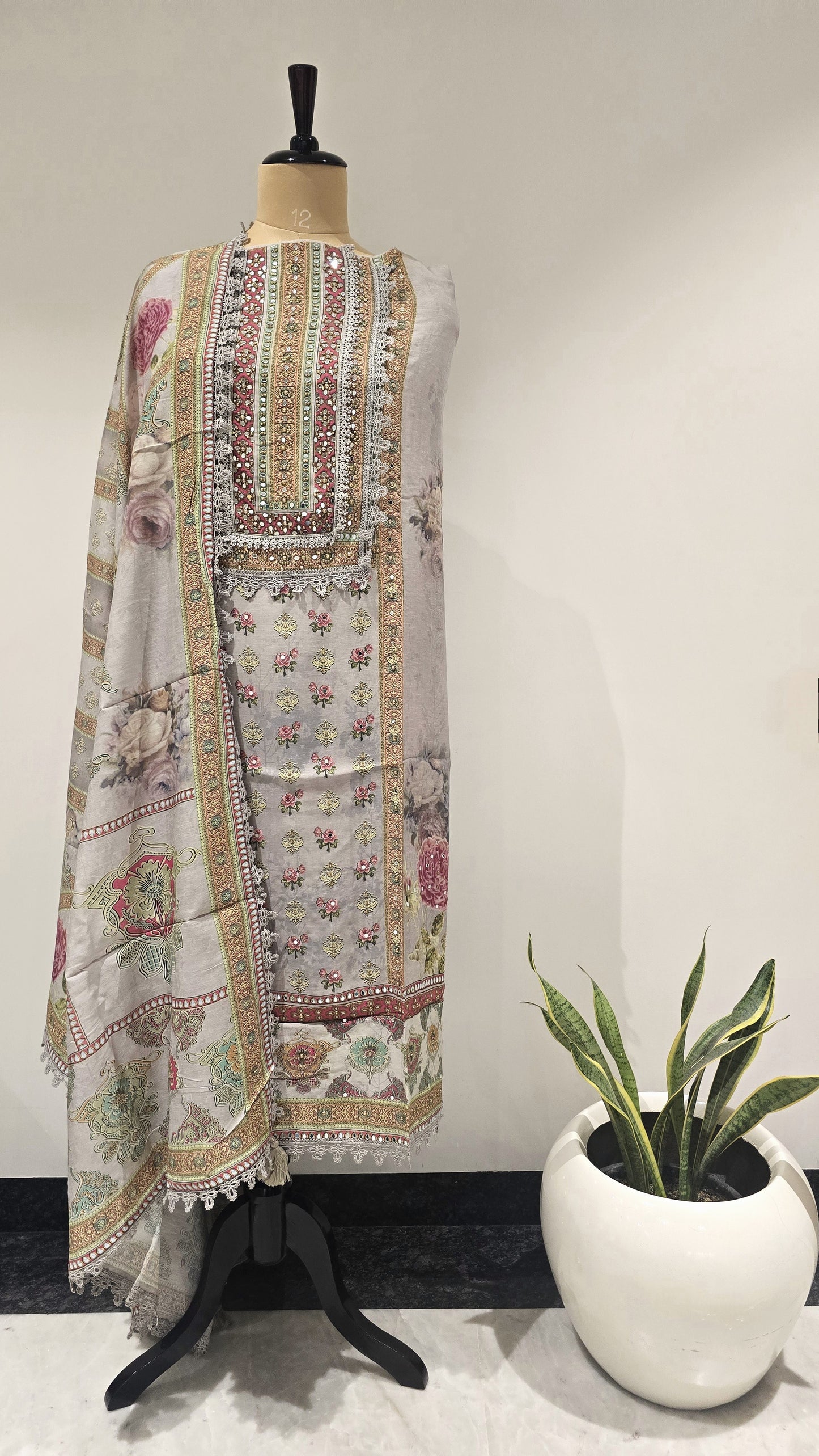 Grey Mehfil Mirror Work Suit