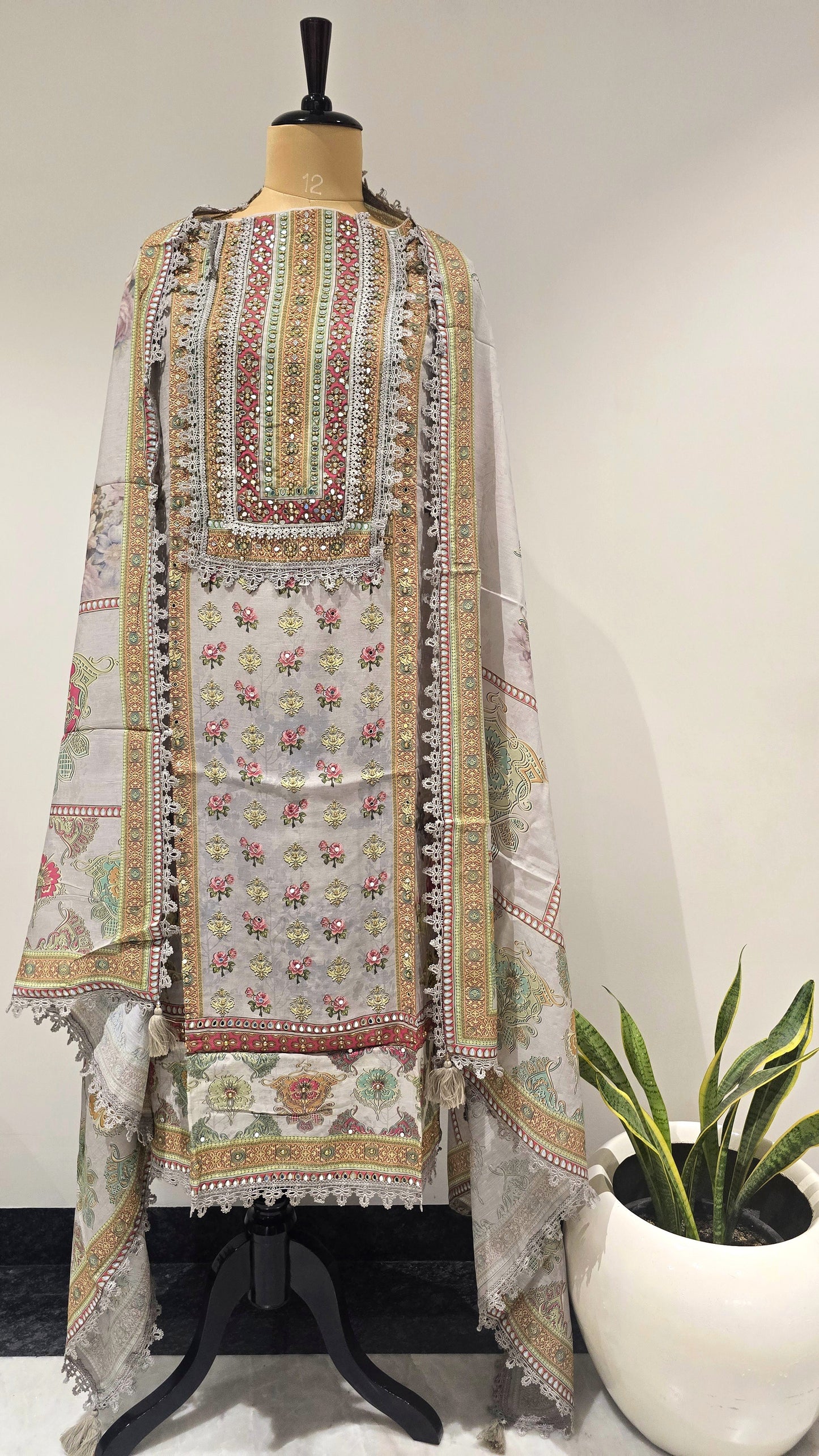 Grey Mehfil Mirror Work Suit