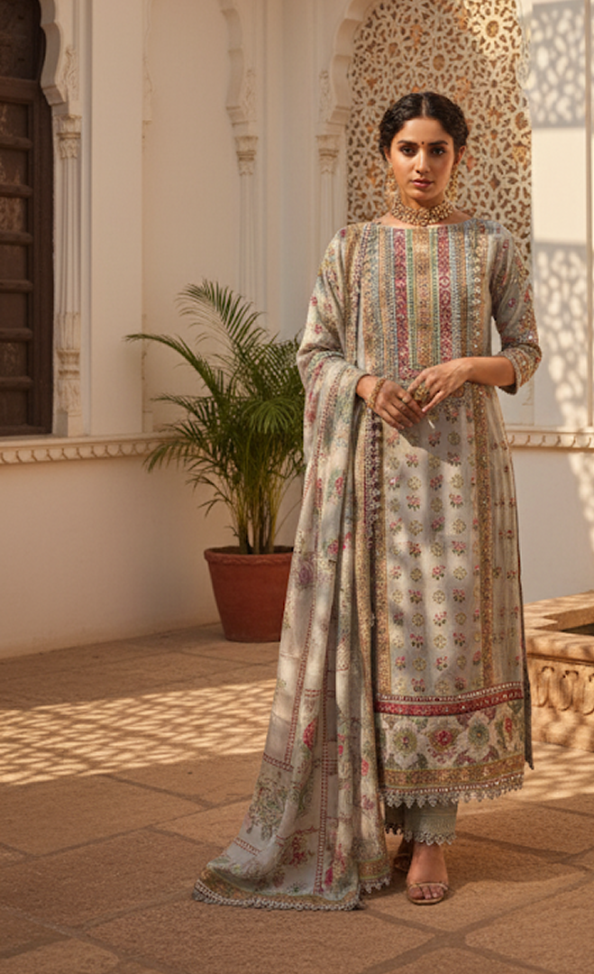 Grey Mehfil Mirror Work Suit