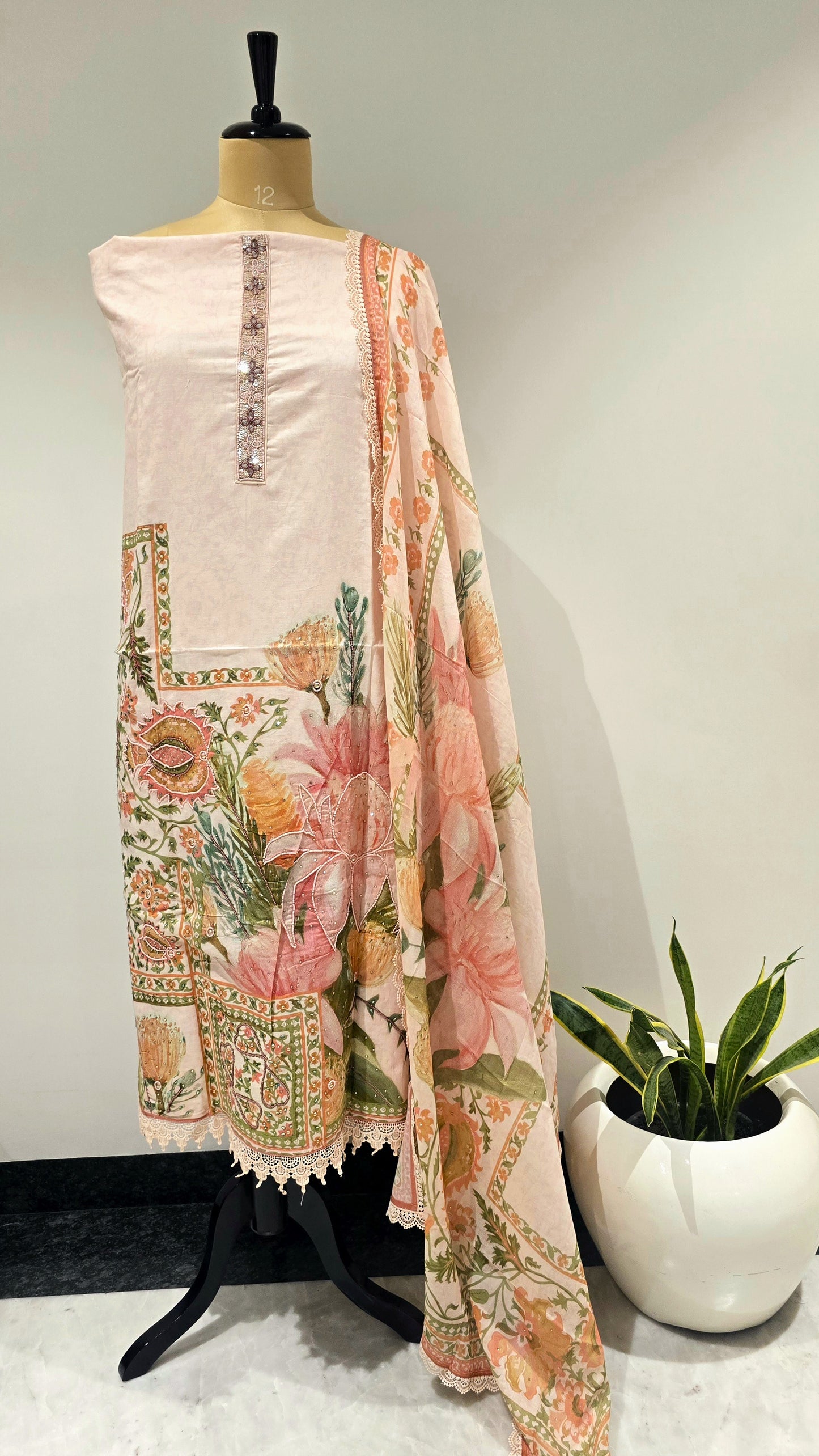 Peach Aangan Amber Beadwork Suit