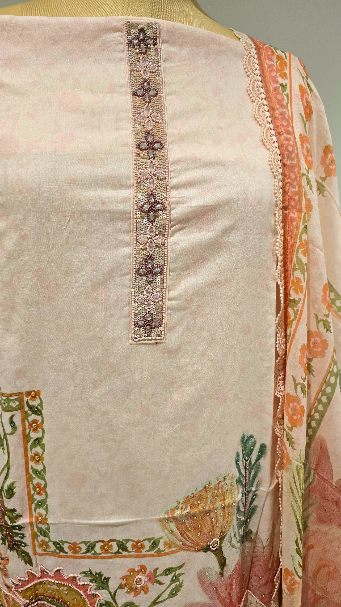 Peach Aangan Amber Beadwork Suit